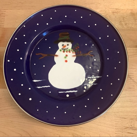 Vintage Denise Harvey Blue Enamel Snowman Christmas Dishes 4 Bowls & 2 Plates - Picture 7 of 11